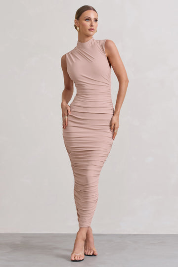 Jaded Champagne Bodycon Ruched High-Neck Open-Back Maxi Dress